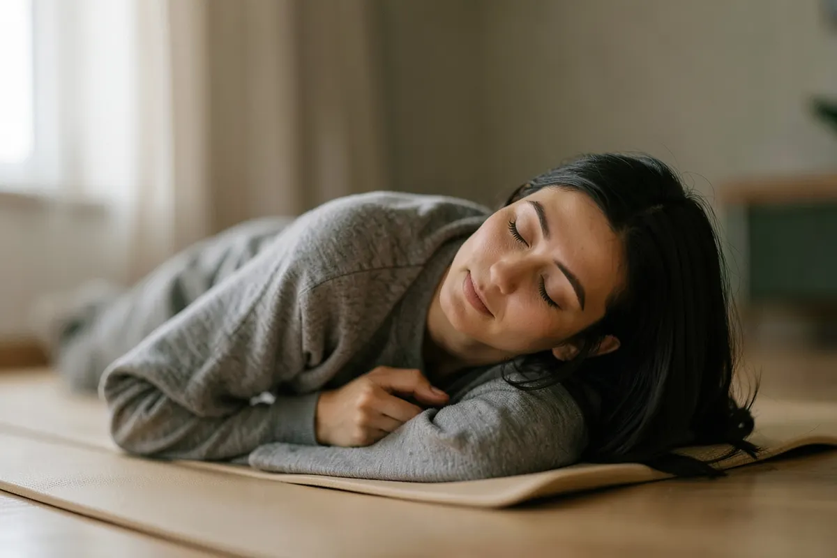 Mulher deitada em um tapete de yoga, com os olhos fechados e um leve sorriso, em um ambiente calmo e iluminado.