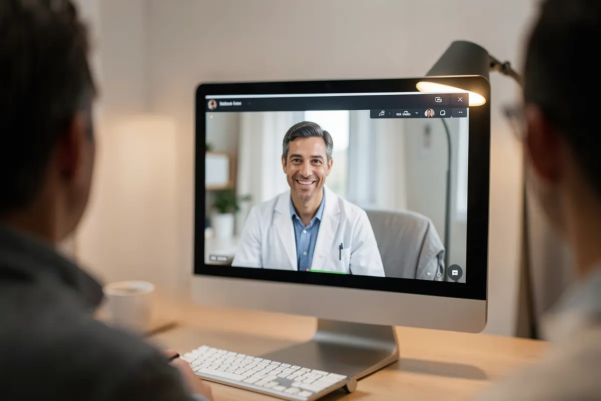 Tela de computador mostrando uma videochamada com um psiquiatra sorrindo para a câmera, em um ambiente de escritório limpo e moderno.