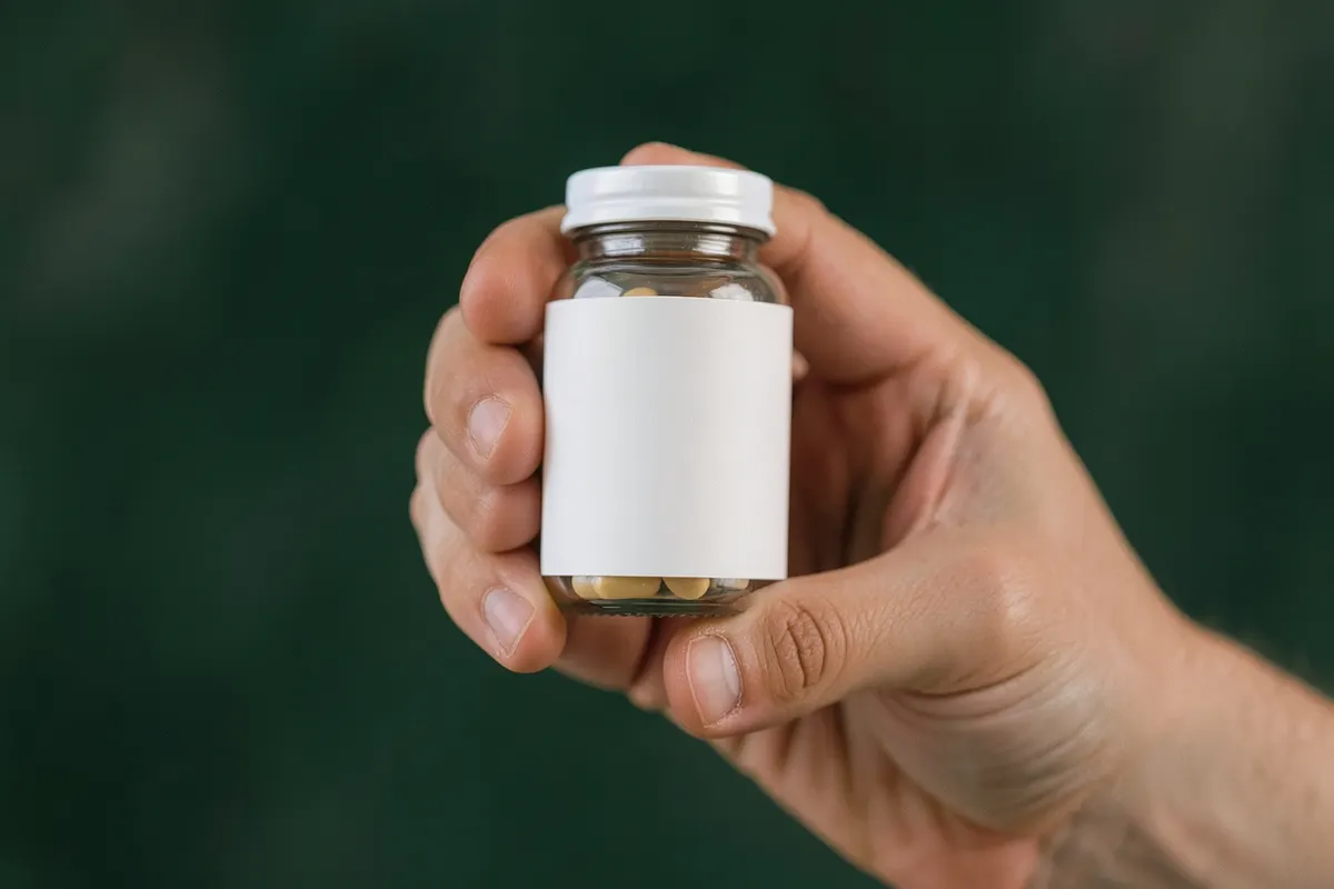 Uma mão segurando um pequeno frasco de comprimidos com um rótulo branco, em frente a um fundo desfocado de consultório médico.