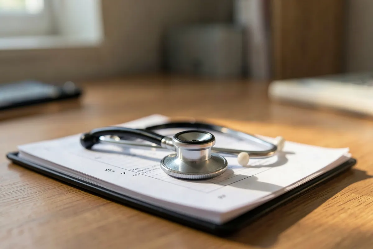 Um estetoscópio repousando sobre um prontuário médico fechado, em uma mesa de madeira.