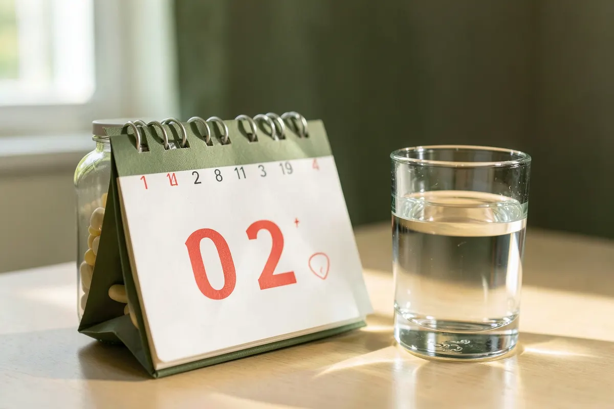 Um calendário com a data marcada em vermelho, ao lado de um frasco de comprimidos e um copo d'água.