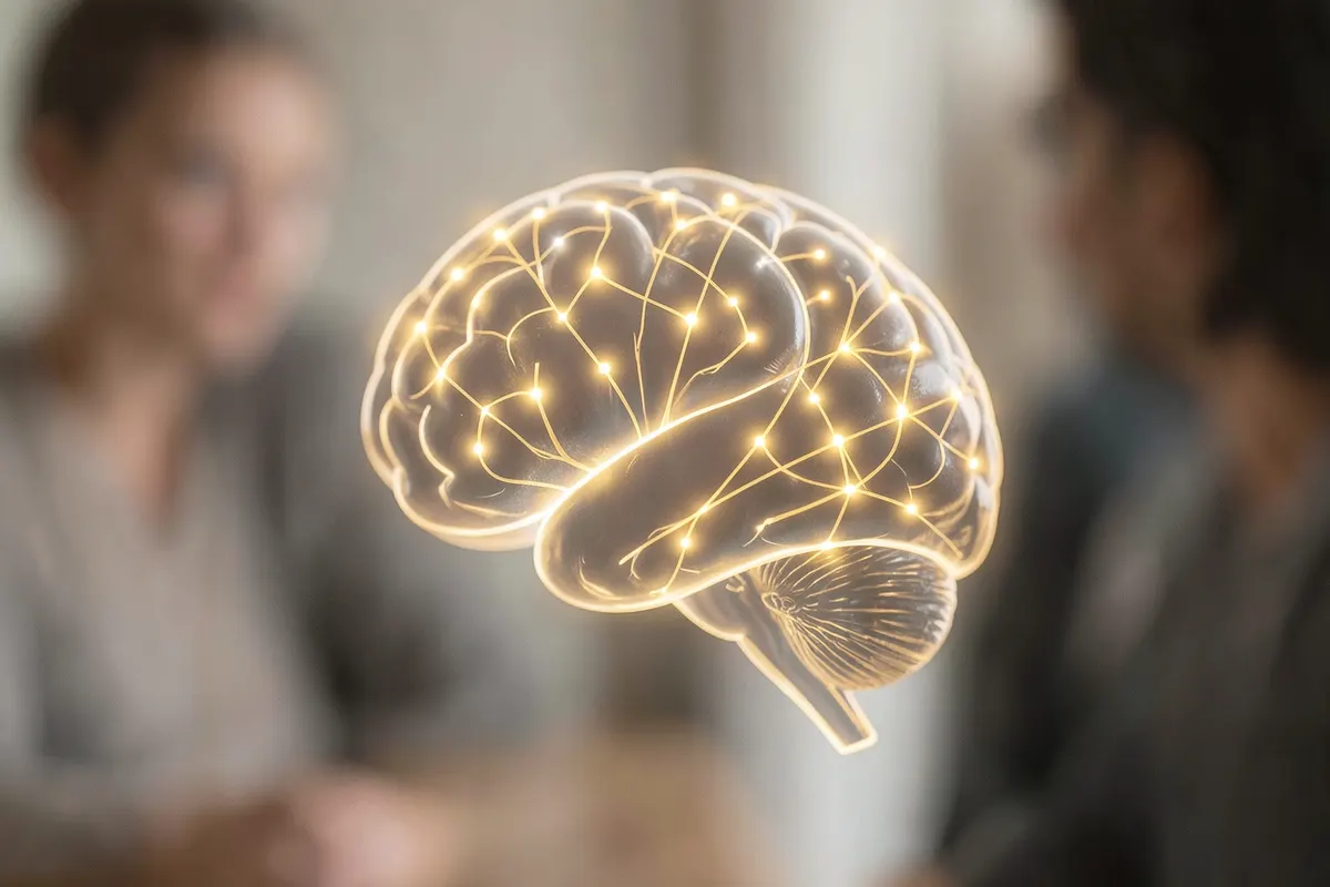 Um close-up de um cérebro humano estilizado com conexões brilhantes, representando a complexidade neurológica.