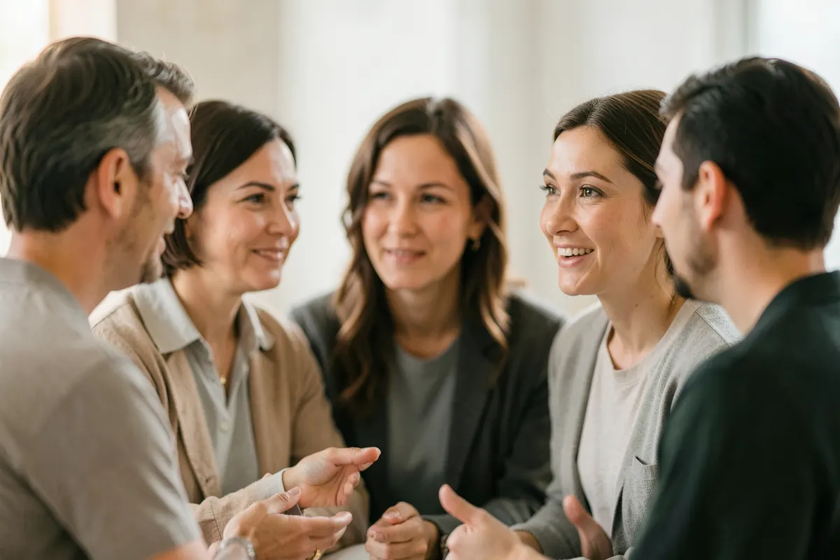 Um grupo diversificado de pessoas conversando em um círculo de apoio, com expressões de compreensão e empatia.