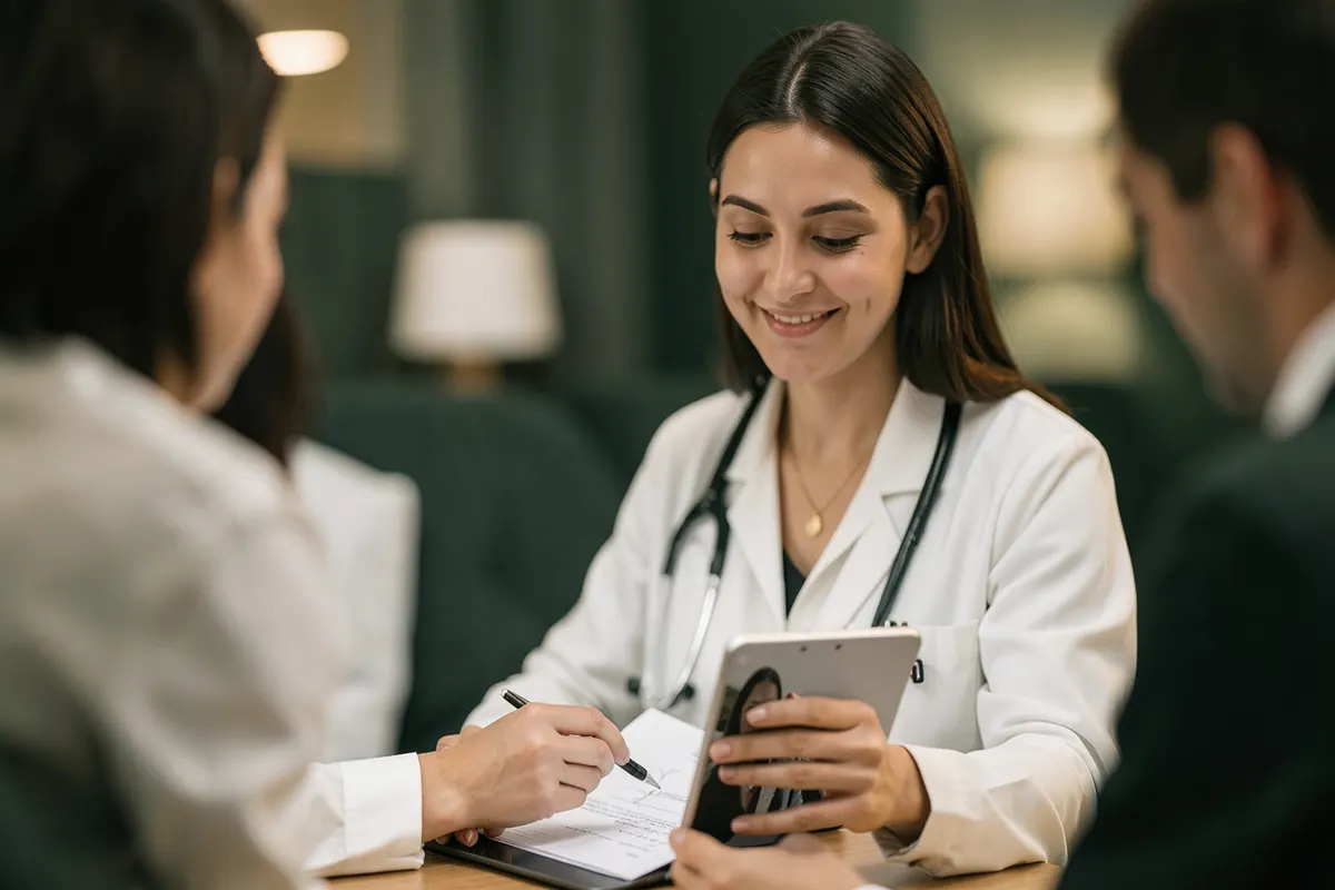 Um profissional de saúde (psiquiatra ou psicólogo) revisando anotações em um tablet, com um sorriso gentil.