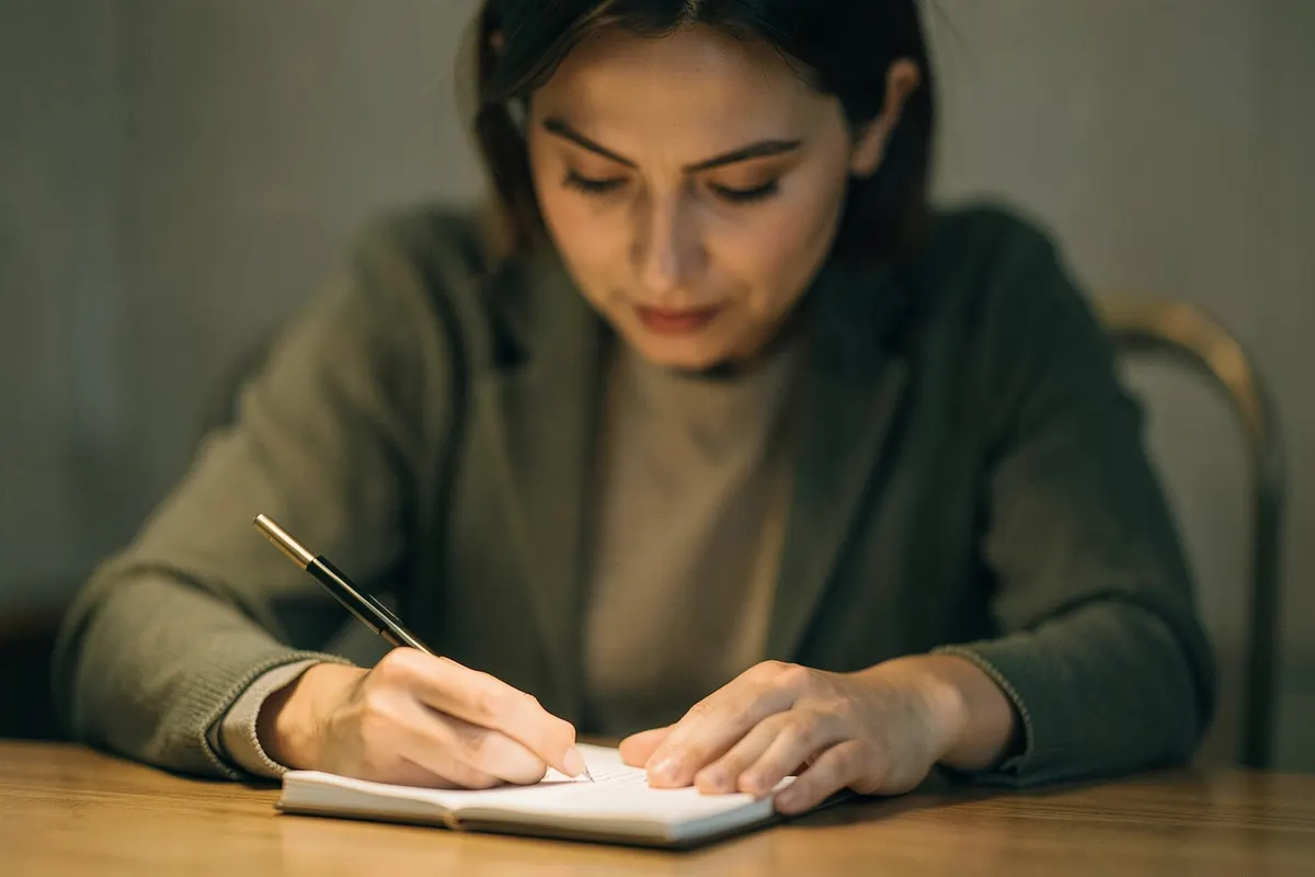 Uma pessoa sentada em uma mesa, escrevendo em um caderno fechado, com uma expressão de determinação.