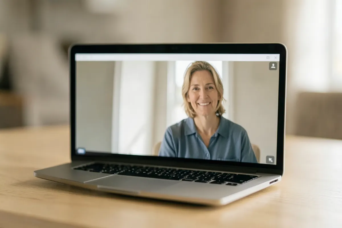 Uma tela de laptop exibindo uma interface de videochamada com um profissional de saúde sorrindo.