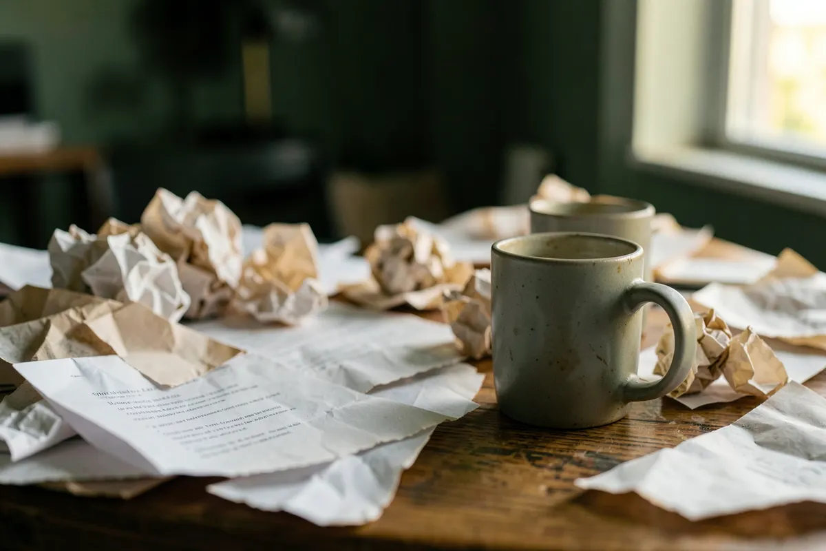 Uma pilha de papéis amassados e uma caneca de café vazia sobre uma mesa bagunçada.
