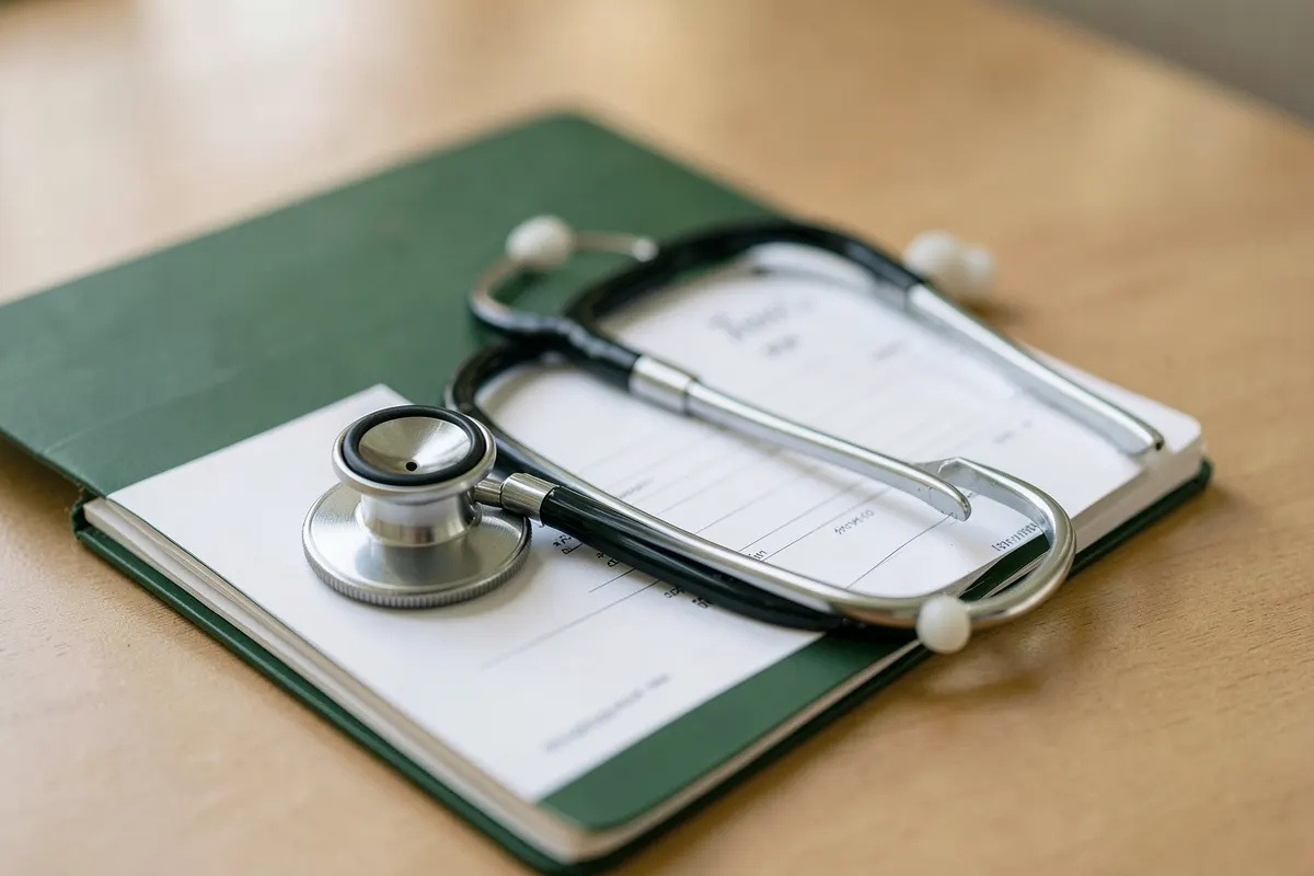Um estetoscópio sobre um prontuário médico fechado.