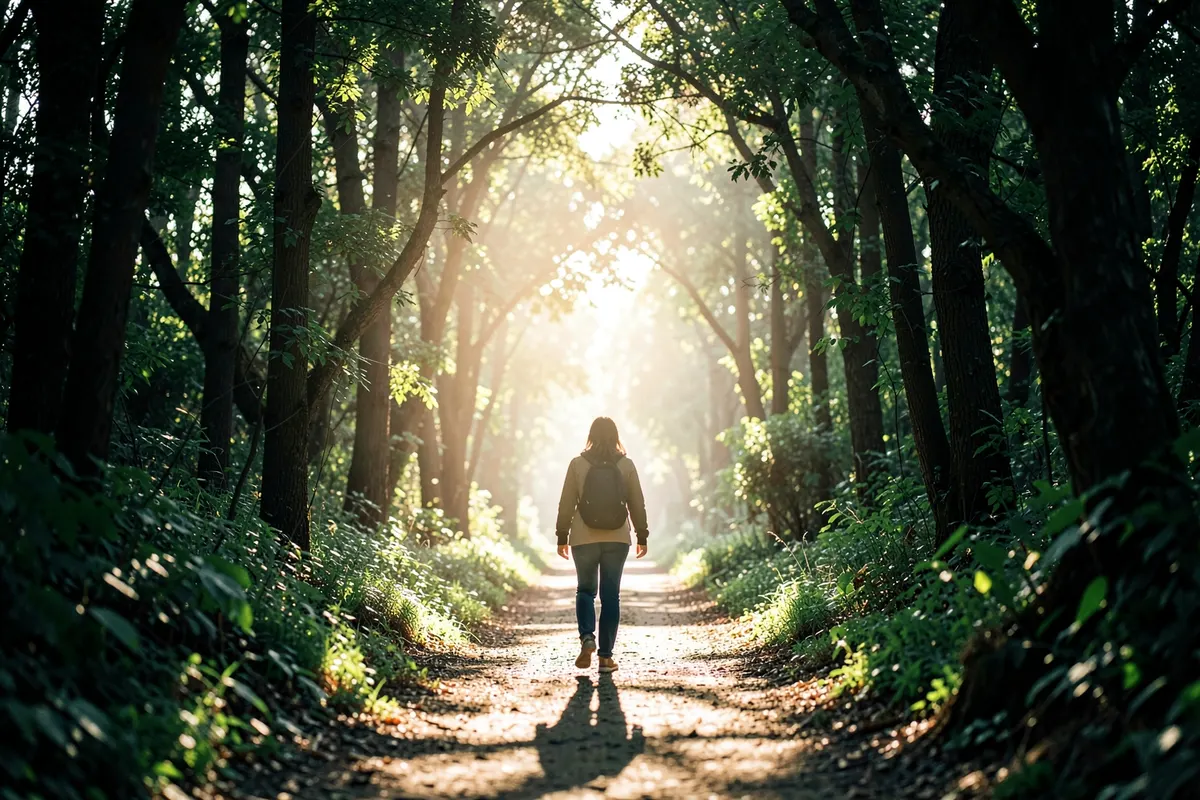 Uma pessoa caminhando em uma trilha em meio à natureza, com o sol brilhando entre as árvores.
