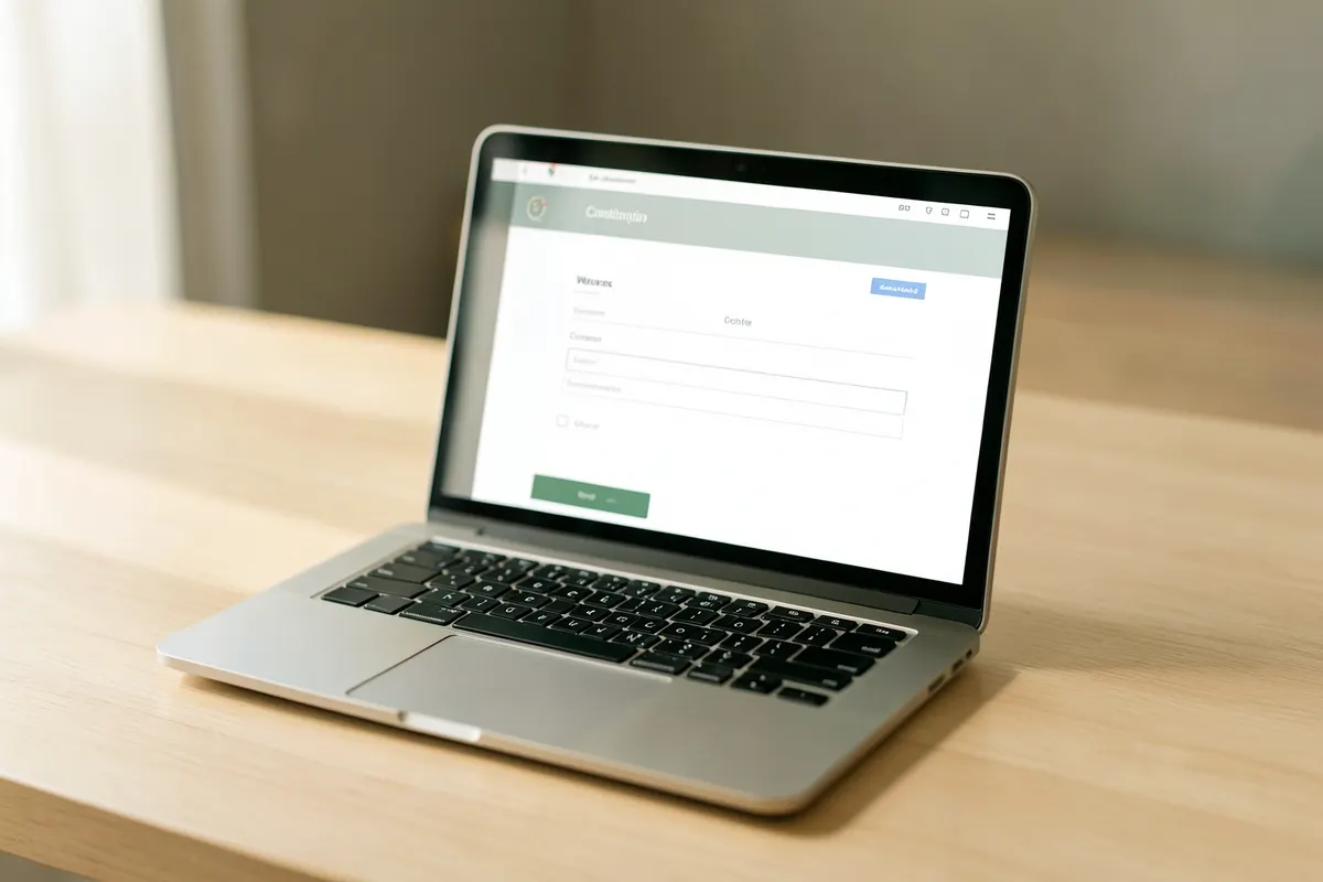 Um laptop aberto exibindo um formulário de consulta online em uma mesa limpa.