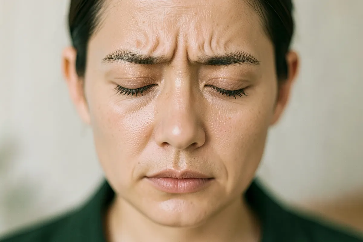 Close-up de uma pessoa com os olhos fechados e a testa franzida, transmitindo angústia, com um leve desfoque ao fundo.