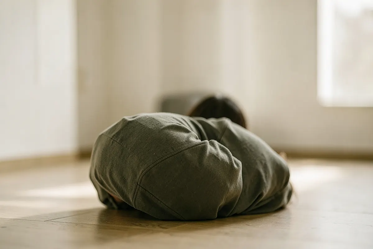 Uma pessoa deitada em posição fetal no chão, com as costas voltadas para a câmera, em um ambiente simples.