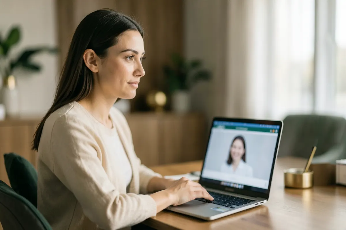 Uma pessoa sentada em frente a um laptop, com uma expressão calma e pensativa, em um escritório moderno e organizado. A tela do laptop mostra uma interface de videochamada.