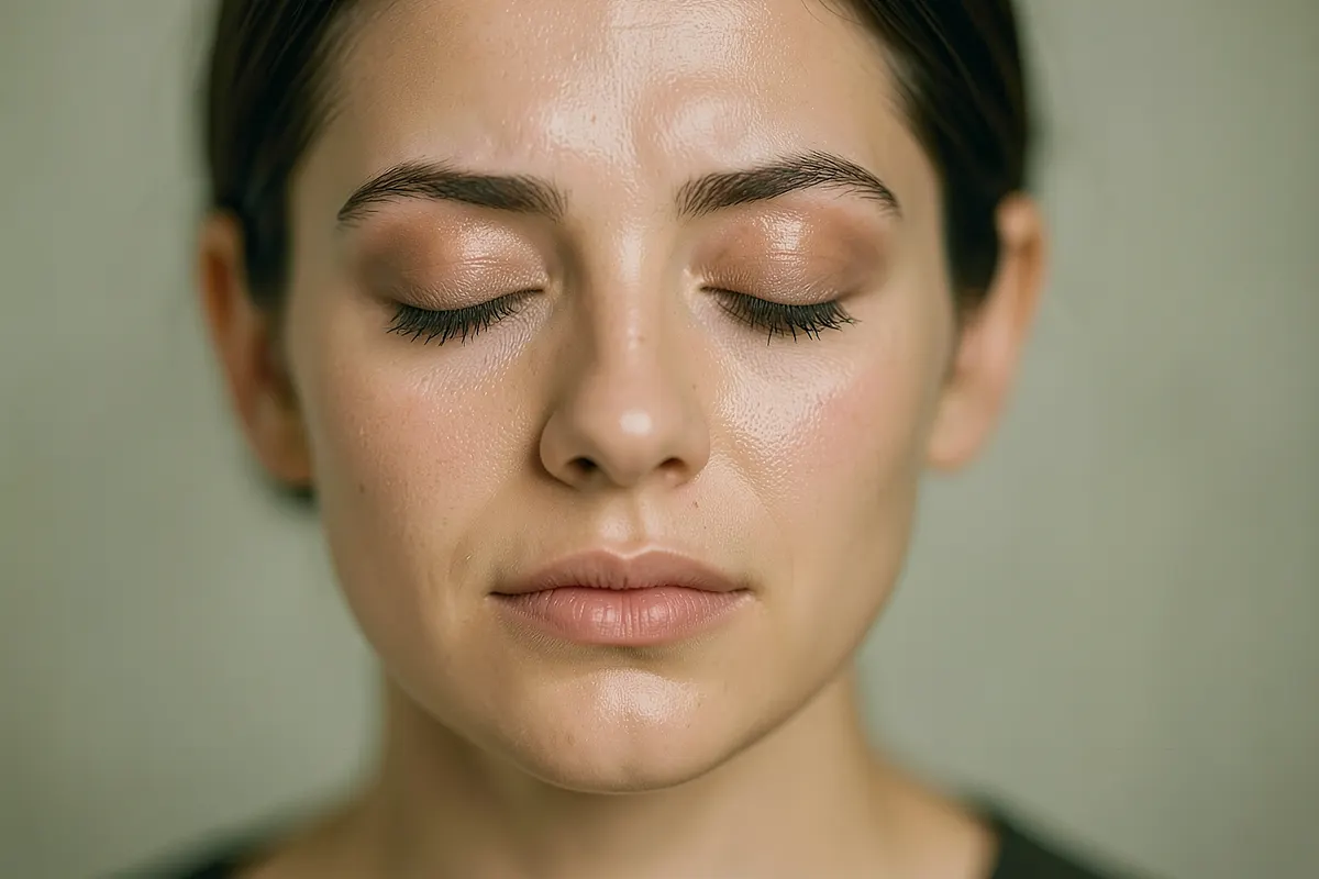 Close-up de uma pessoa com os olhos fechados e expressão de cansaço.