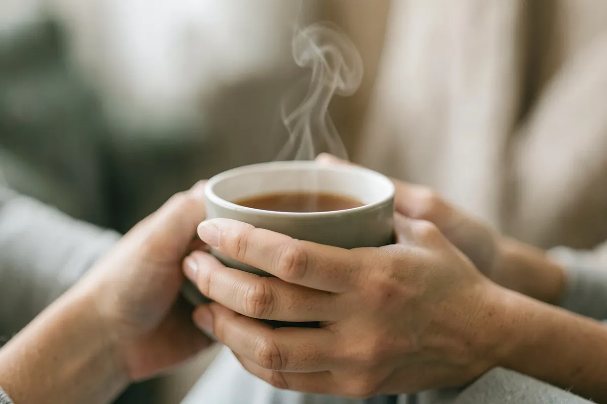 Mãos segurando uma xícara de chá quente, com vapor subindo.