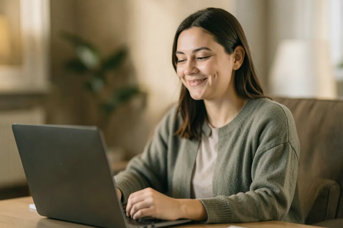 Uma pessoa sentada em frente a um laptop com uma expressão de alívio.