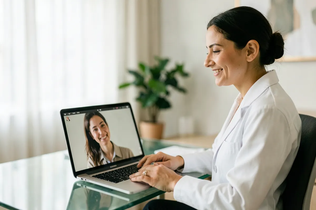 Médico sorrindo e conversando com um paciente em uma videochamada.