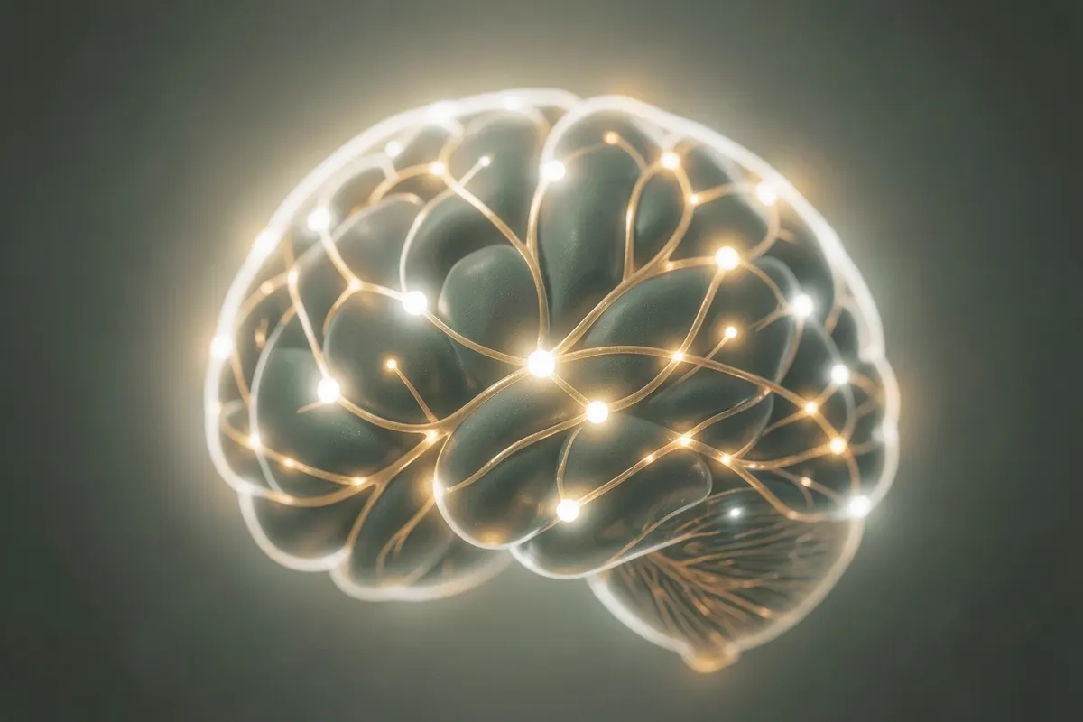 Cérebro humano estilizado com conexões brilhantes, representando a complexidade do TDAH.