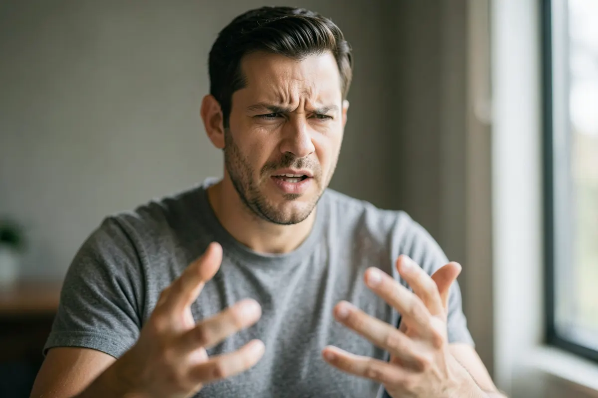 Homem adulto gesticulando com as mãos enquanto fala, com uma expressão de frustração.