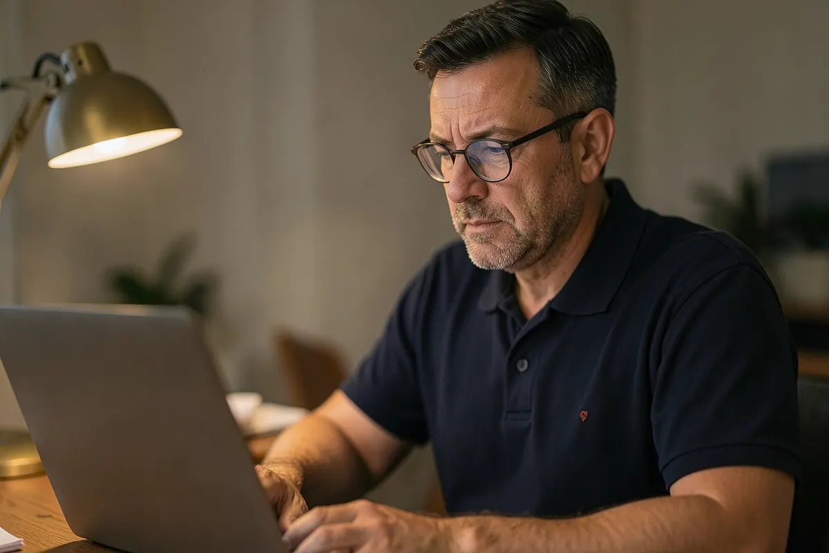 Homem adulto trabalhando em um laptop em casa, com uma pilha de papéis ao lado e uma expressão de cansaço.