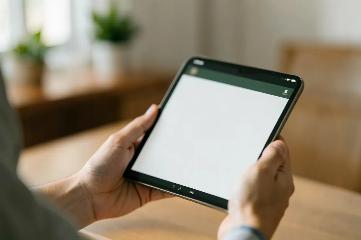 Mãos de um profissional de saúde segurando um tablet com uma tela de videochamada, em um consultório moderno.