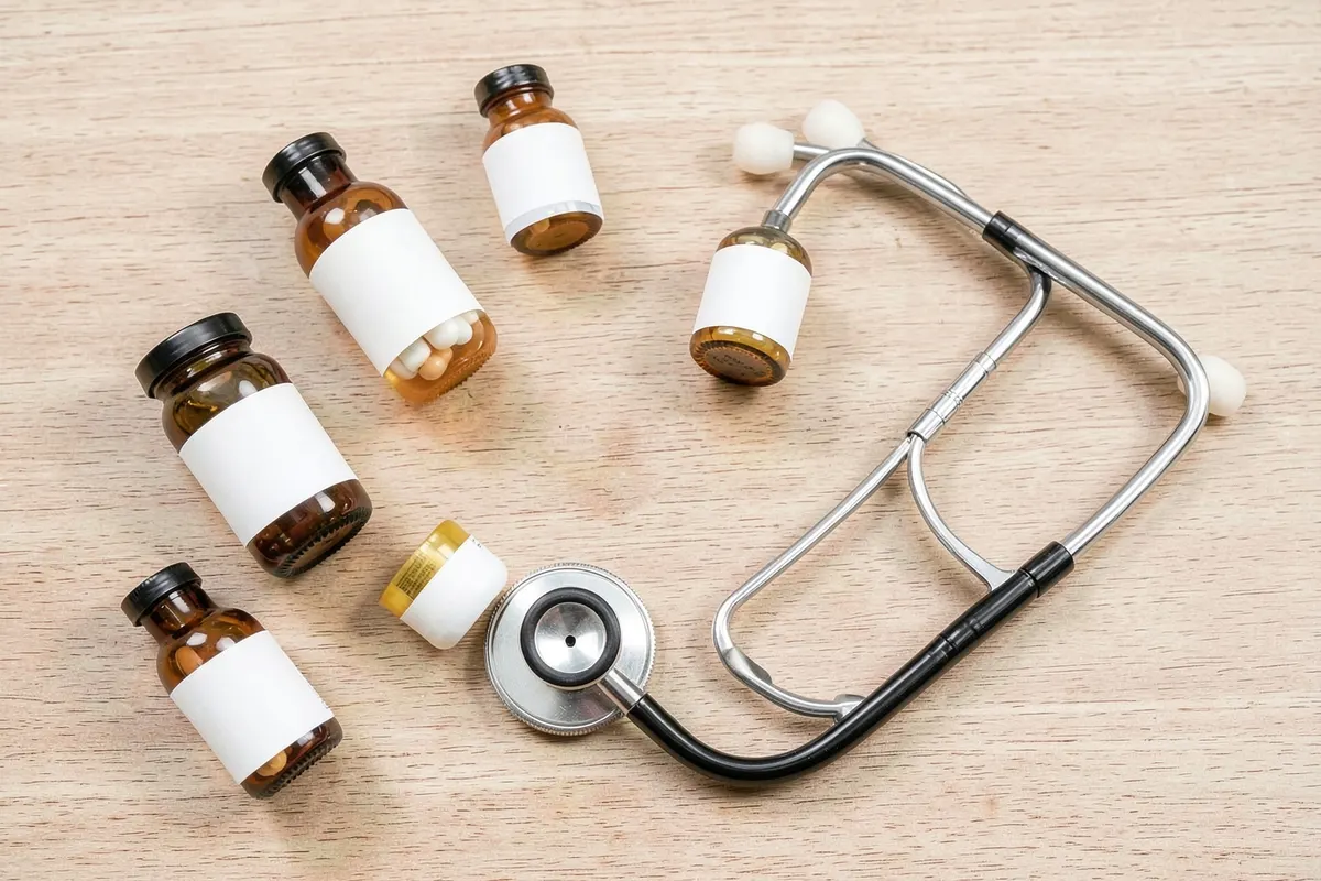 Diversos medicamentos e um estetoscópio dispostos sobre uma mesa limpa e organizada.