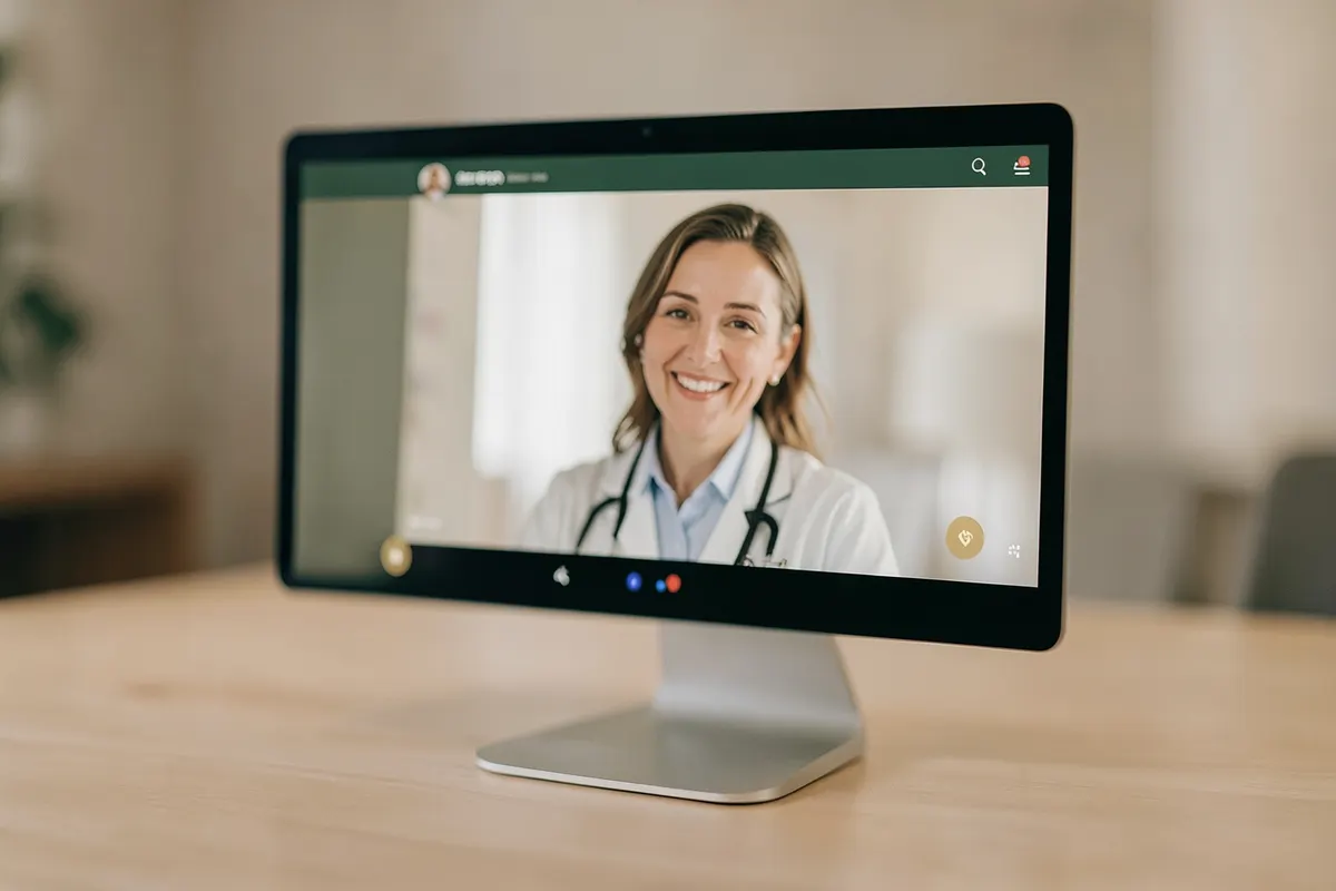 Tela de computador mostrando uma interface de consulta online com um psiquiatra sorrindo.
