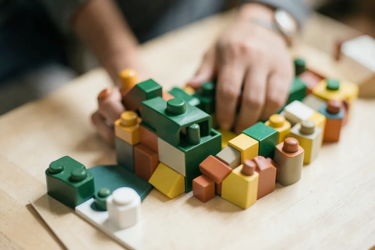 Uma pessoa organizando blocos de construção coloridos em uma mesa, representando o esforço para estruturar tarefas e gerenciar o tempo, um sinal de TDAH em adultos.