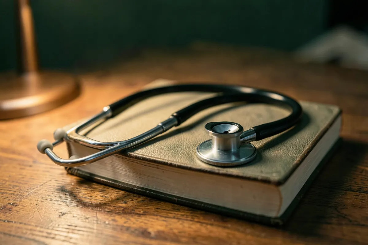 Um close-up de um estetoscópio sobre um livro de medicina fechado em uma mesa, simbolizando a consulta e o diagnóstico de condições como o TDAH na vida adulta.