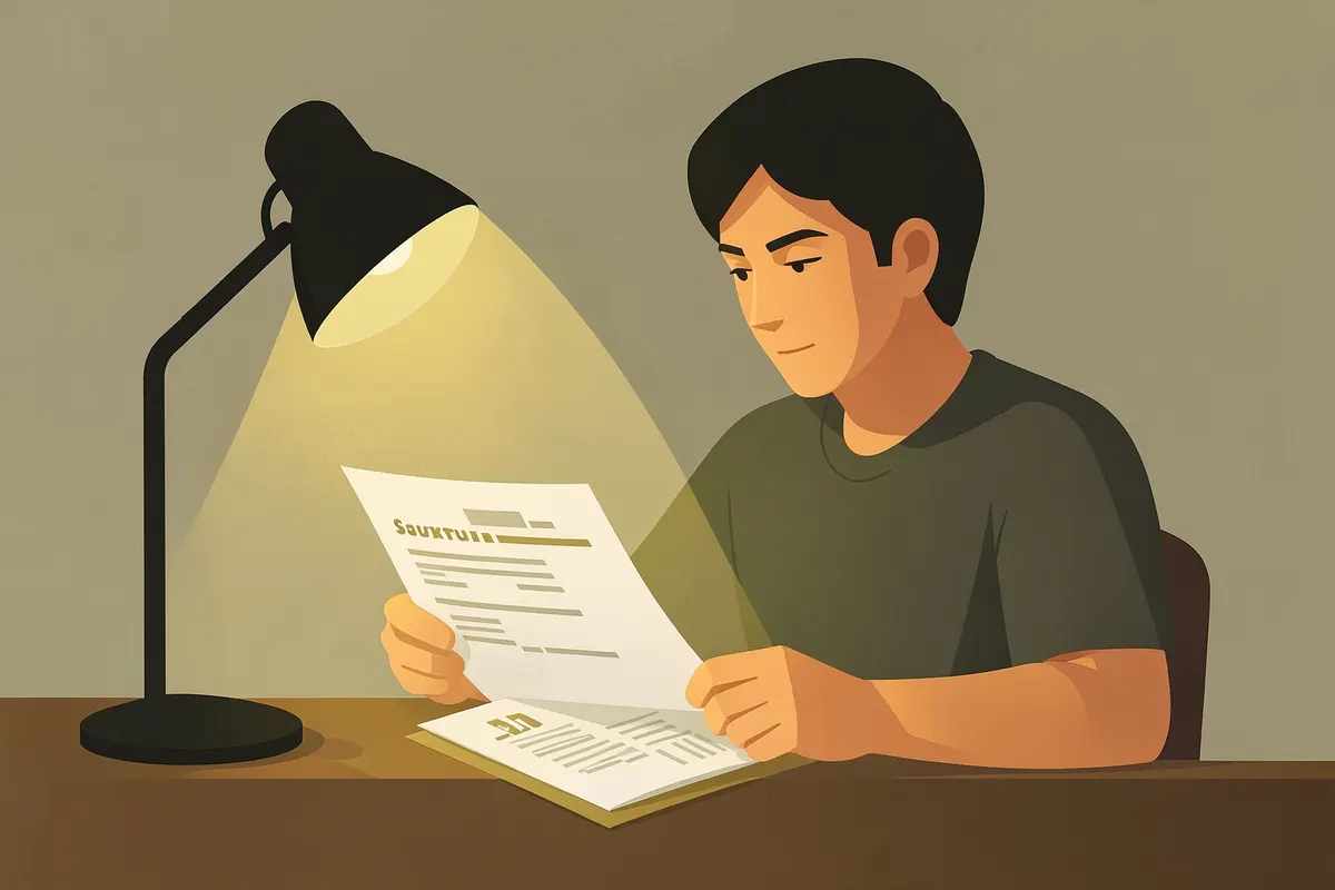 Pessoa lendo um relatório ou documento sobre testes de protetor solar em uma mesa.