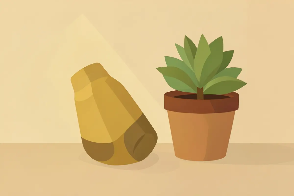 Frasco de protetor solar deitado ao lado de uma pequena planta em um ambiente com luz natural.