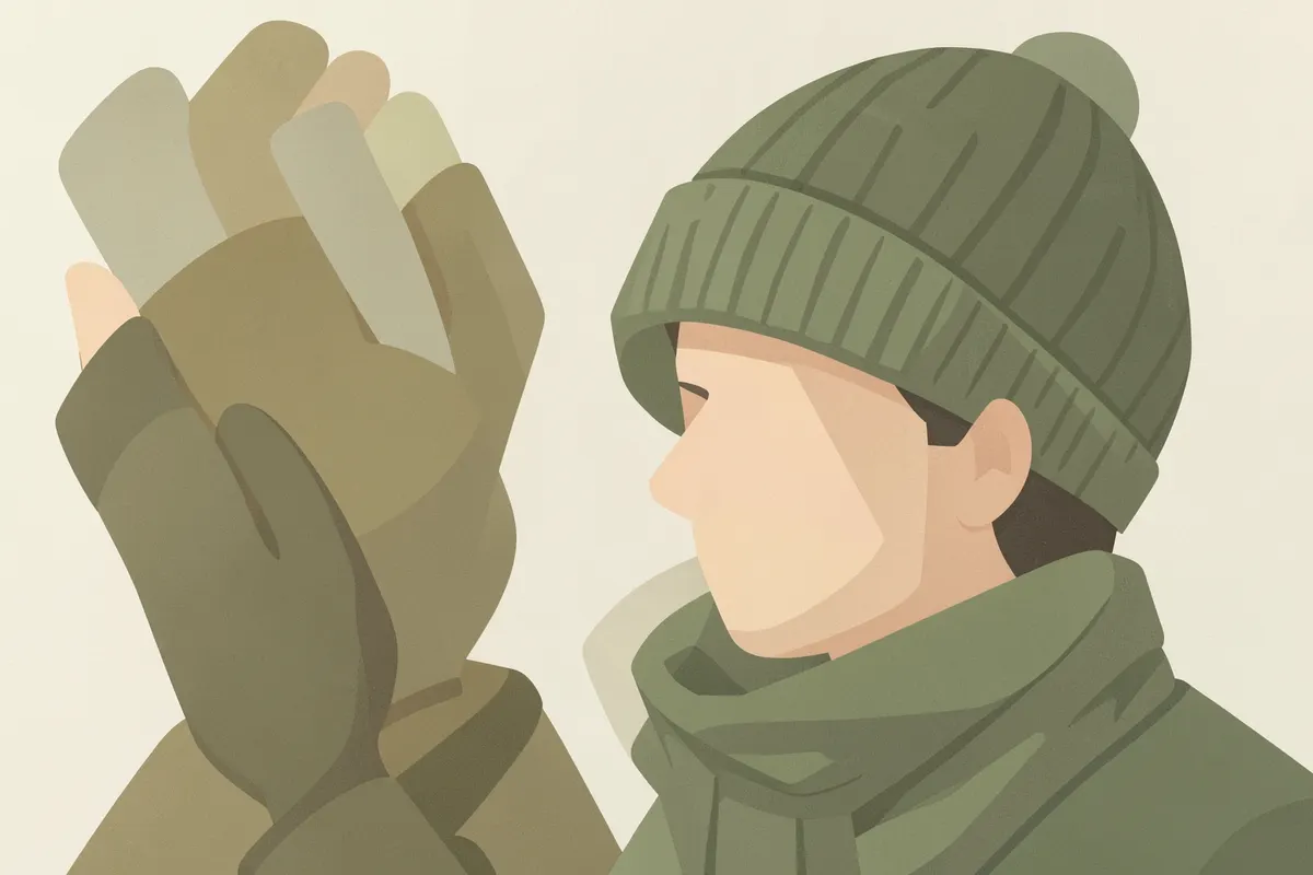 Pessoa usando luvas, gorro e cachecol de lã em ambiente frio
