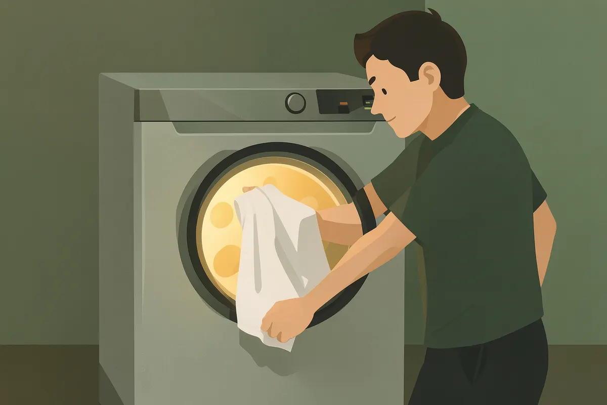 Homem usando um secador de roupas elétrico para secar uma toalha.