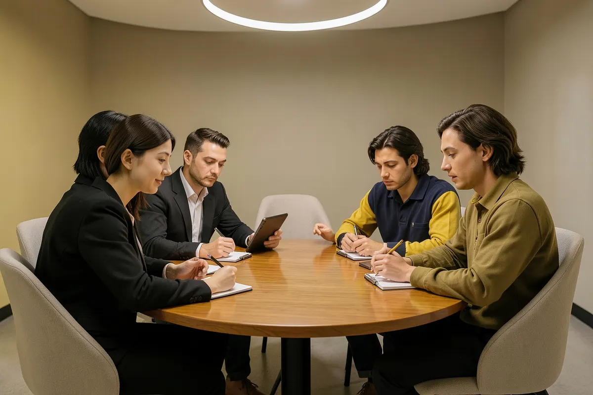Um grupo de pessoas sentadas em volta de uma mesa redonda, algumas com cadernos, outras olhando para um tablet, em um ambiente de escritório moderno.