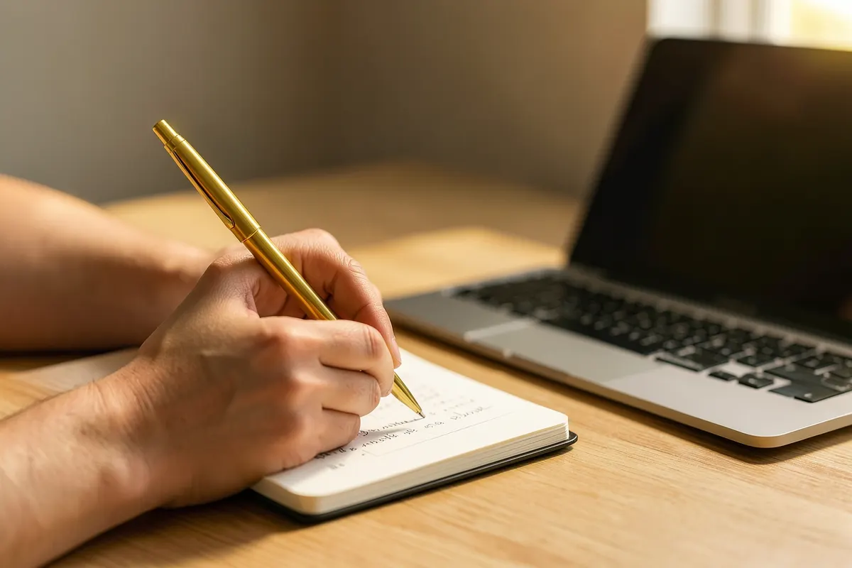 Uma pessoa escreve em um caderno com uma caneta dourada, com um notebook aberto ao lado, em uma mesa de madeira clara.