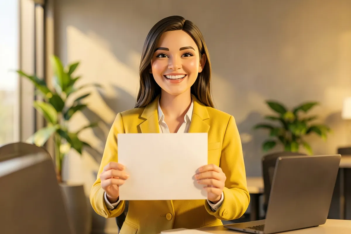 Uma mulher sorri enquanto segura um certificado em um ambiente de escritório iluminado, com um notebook e plantas ao fundo.