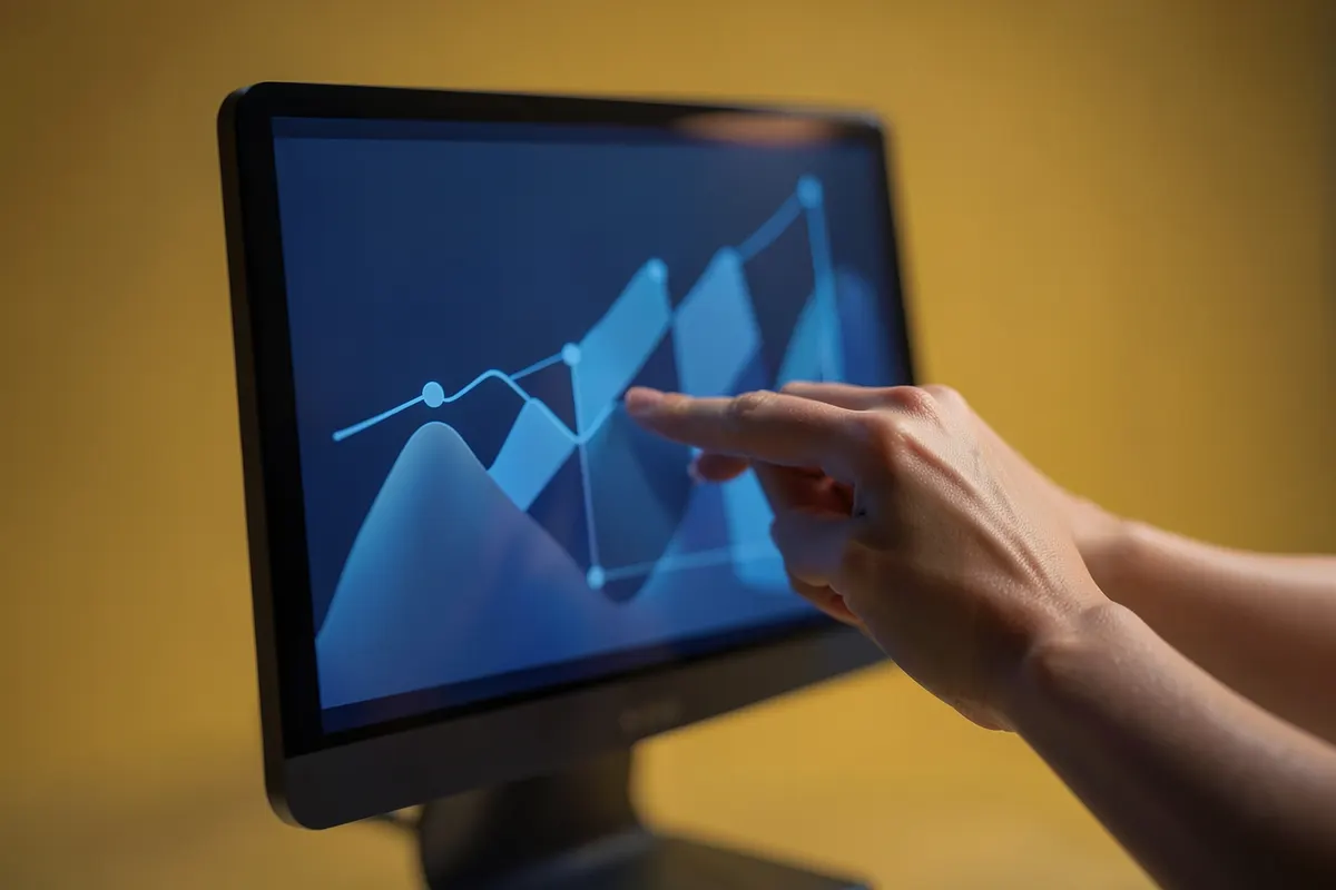 Uma pessoa aponta para um gráfico abstrato em tons de azul em uma tela de computador, com as mãos em destaque.