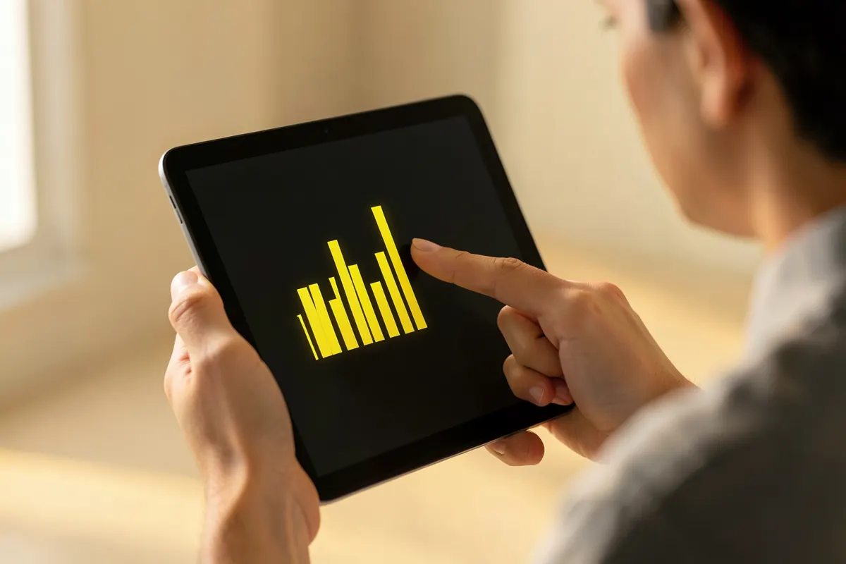 Pessoa analisando gráficos em um tablet em um escritório moderno.