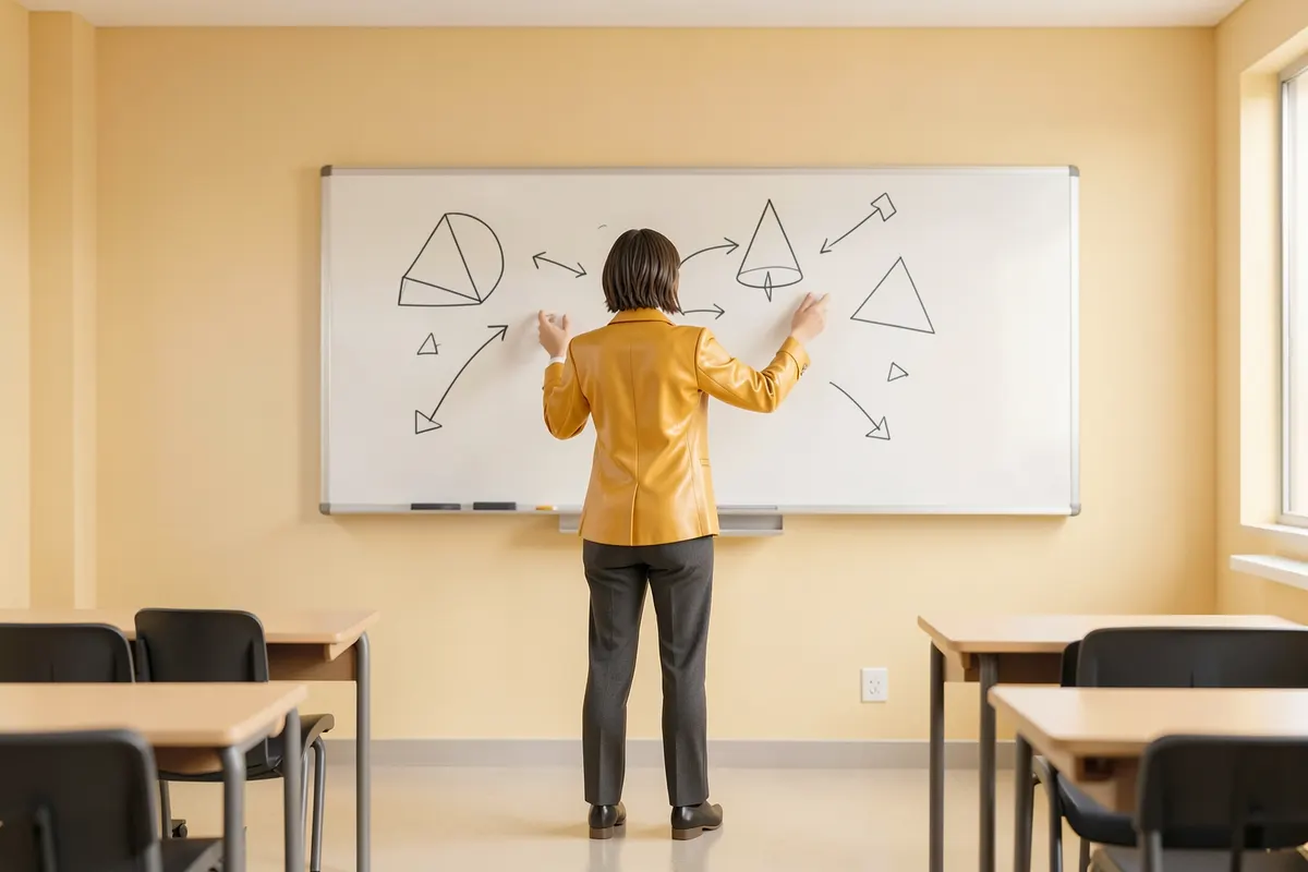 Professor explicando métricas de campanhas digitais para alunos em uma sala de aula.