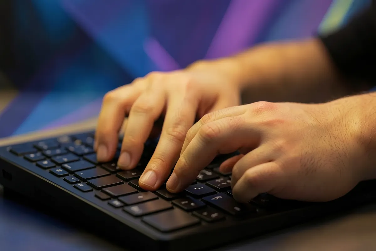 Um homem de terno preto digitando em um teclado de computador, com gráficos abstratos em tons de azul e roxo ao fundo.