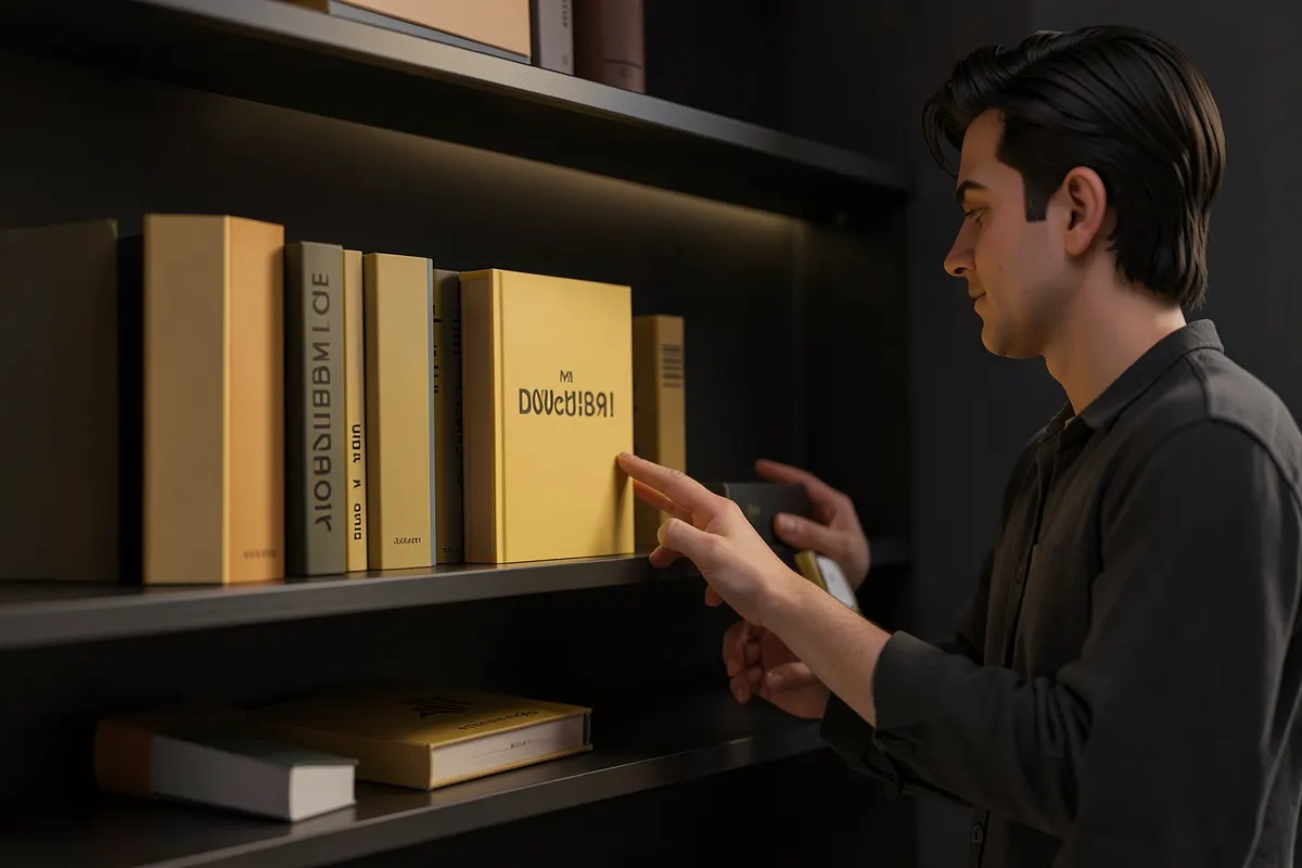 Uma pessoa escolhendo entre várias opções de livros e cursos em uma estante.