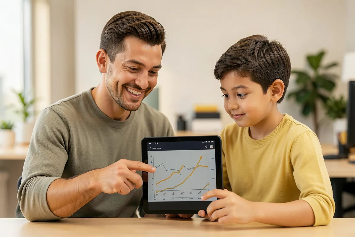 Um mentor sorrindo e apontando para um gráfico de crescimento em um tablet, para um aprendiz atento em um escritório.