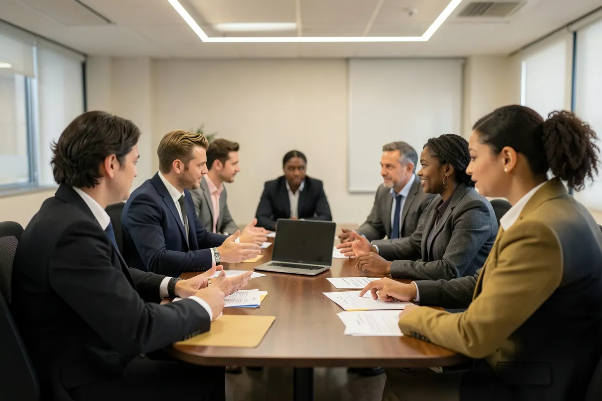 Um grupo de pessoas em uma sala de reunião discutindo em volta de uma mesa com papéis e um laptop.