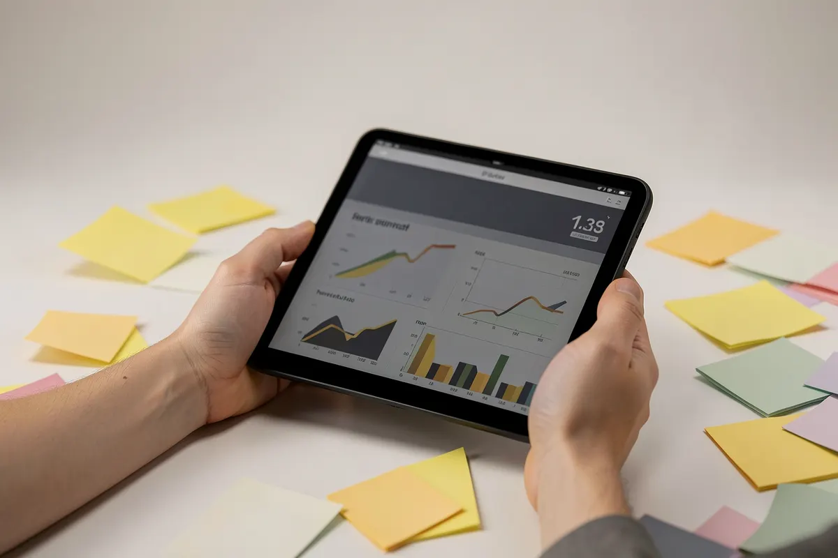 Uma pessoa analisando gráficos em um tablet, com notas adesivas coloridas ao redor.