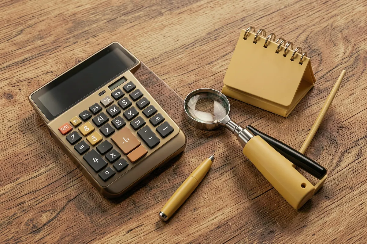 Um conjunto de ferramentas de negócios, como calculadora, lupa e um pequeno calendário, sobre uma mesa de madeira.