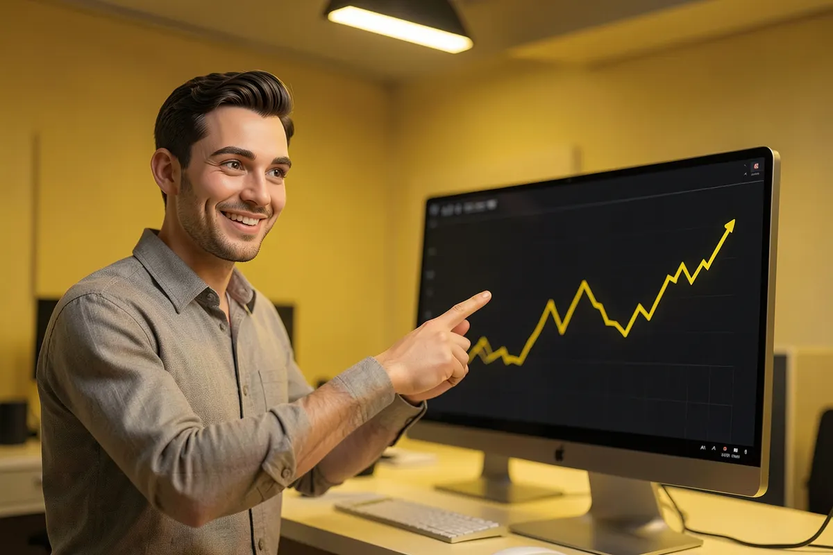 Um homem sorrindo e apontando para um gráfico de crescimento em uma tela de computador.