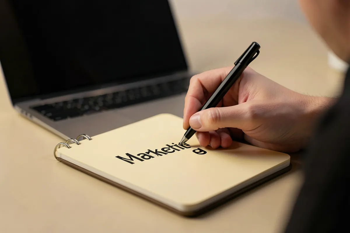 Uma pessoa escrevendo em um caderno com a palavra "Marketing" em destaque, com um laptop ao fundo.