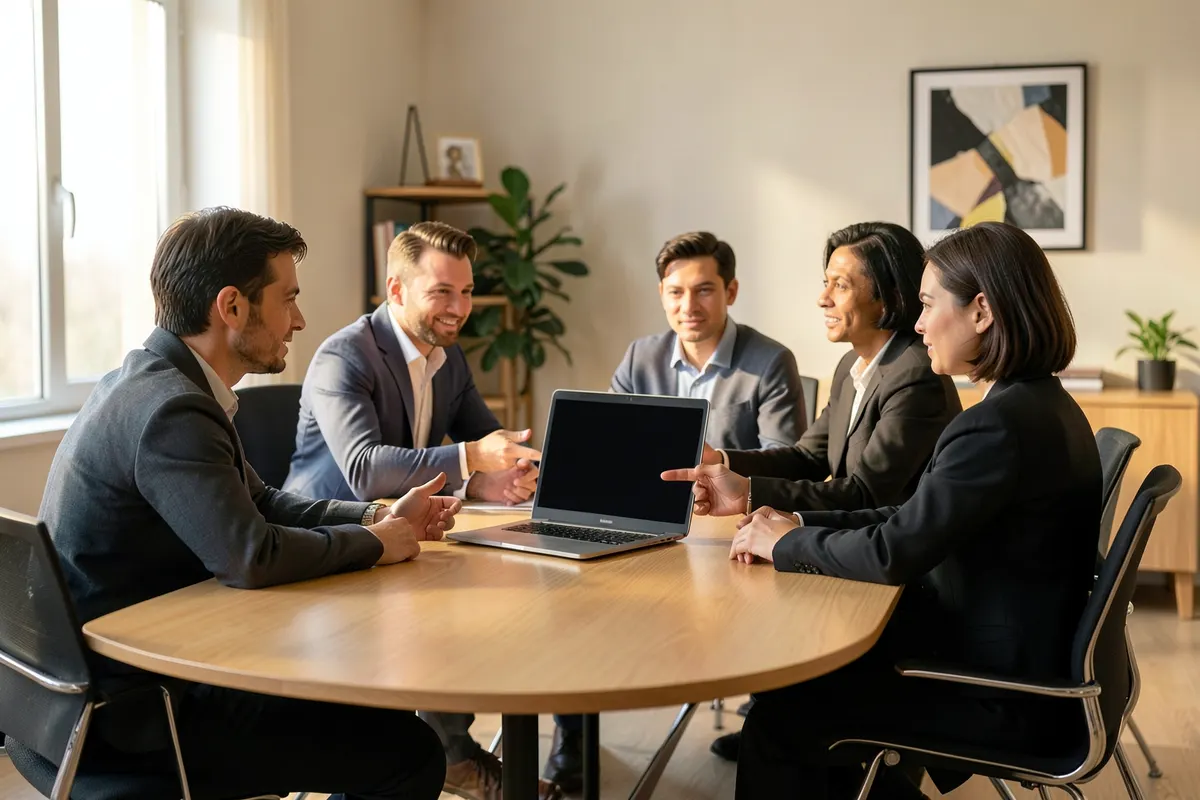 Um grupo de pessoas em uma sala de reunião discutindo ideias em torno de uma mesa com um laptop.