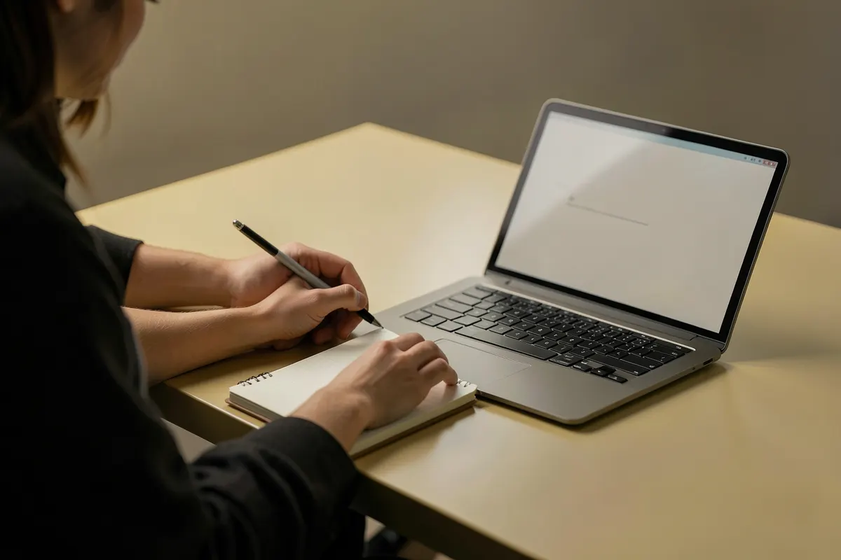 Uma pessoa sentada em uma mesa, planejando estratégias de marketing digital em um caderno com um laptop aberto ao lado.