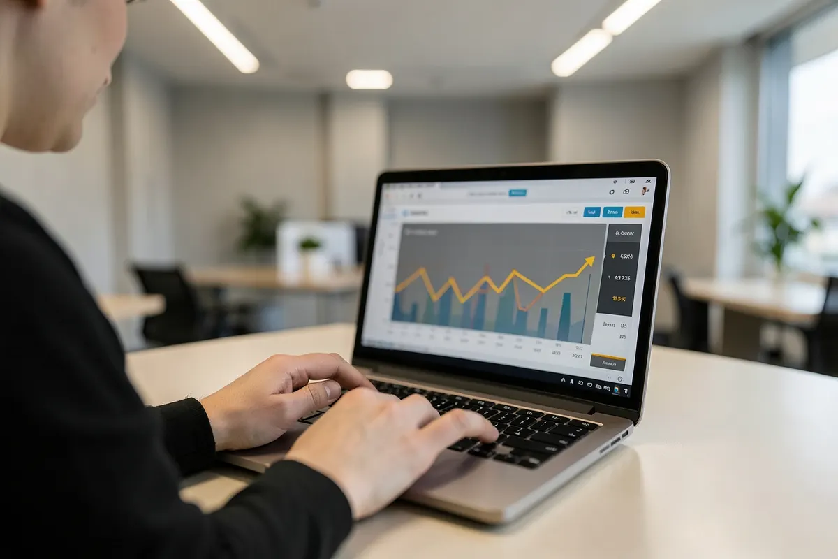 Uma pessoa usando um laptop em um ambiente de escritório moderno, com gráficos e dados de marketing digital visíveis na tela.